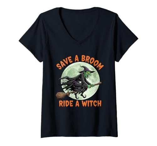 Damen Halloween-Hexen retten einen Besen reiten eine Hexe T-Shirt mit V-Ausschnitt Damen Halloween-Hexen retten einen Besen reiten eine Hexe T-Shirt mit V-Ausschnitt von Halloween Costume Scary Witch Funny Designs