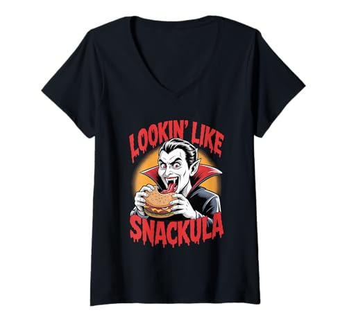 Damen Lookin' Like A Snackula Funny Vampire Halloween Burger T-Shirt mit V-Ausschnitt von Halloween Costume Spooky Season