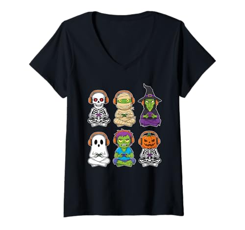 Damen Halloween Gamer Dinosaurier Skelett Geist Hexe Kürbis Trex T-Shirt mit V-Ausschnitt von Halloween Costume Video Games Gifts