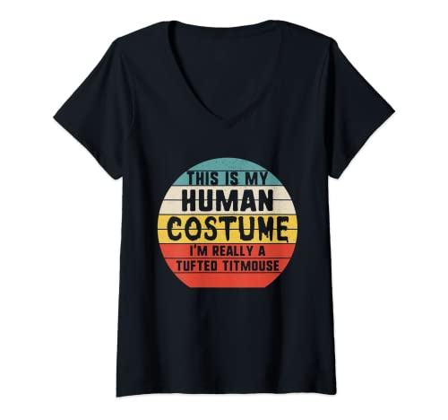 Damen Retro This Is My Human Kostüm I'm Tufted Titmouse Halloween T-Shirt mit V-Ausschnitt Damen Retro This Is My Human Kostüm I'm Tufted Titmouse Halloween T-Shirt mit V-Ausschnitt von Halloween Costume by Owen Tees Co.