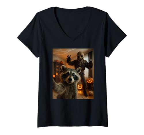 Damen Selfie Halloween-Monster mit verängstigtem Waschbär T-Shirt mit V-Ausschnitt Damen Selfie Halloween-Monster mit verängstigtem Waschbär T-Shirt mit V-Ausschnitt von Halloween Costumes Halloween Apparel