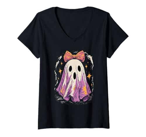 Damen Bold Pop Art Kokette Halloween Ghost T-Shirt mit V-Ausschnitt von Halloween Cottagecore Fashion