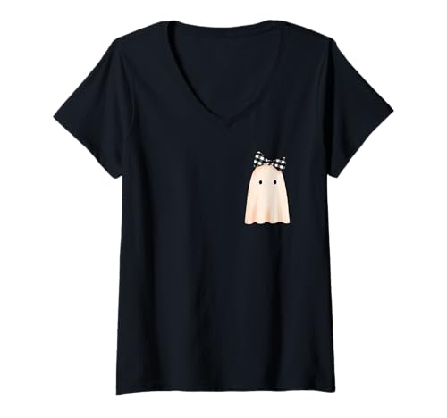 Damen Fall Cottagecore Halloween Kokette Plaid Schleife Geist T-Shirt mit V-Ausschnitt von Halloween Cottagecore Fashion