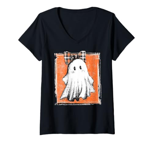 Damen Fall Cottagecore Halloween Kokette Plaid Schleife Geist T-Shirt mit V-Ausschnitt von Halloween Cottagecore Fashion