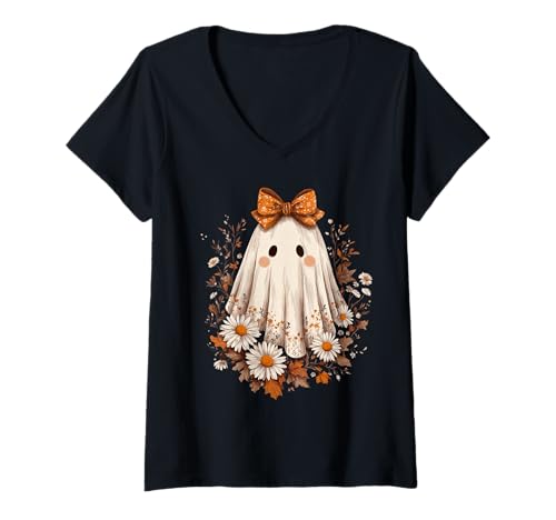 Damen Herbst Cottagecore Halloween Blumendruck Geist T-Shirt mit V-Ausschnitt von Halloween Cottagecore Fashion