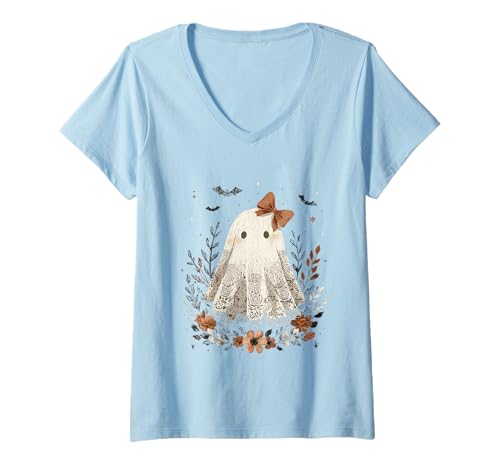 Damen Herbst Cottagecore Halloween Blumendruck Vintage Stil Geist T-Shirt mit V-Ausschnitt von Halloween Cottagecore Fashion