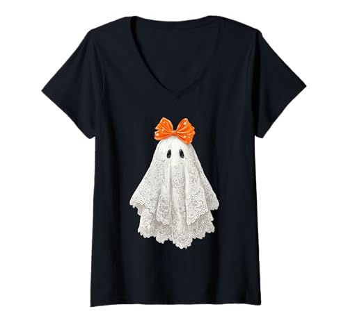 Damen Herbst Cottagecore Halloween Kokette Schleife Geist T-Shirt mit V-Ausschnitt von Halloween Cottagecore Fashion