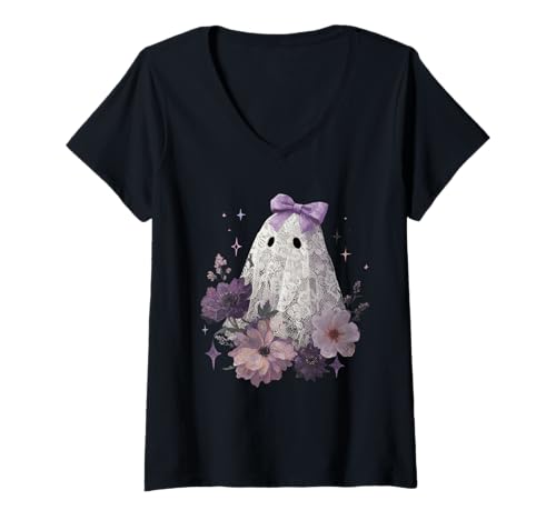Damen Herbst Cottagecore Halloween Lila Blumendruck Geist T-Shirt mit V-Ausschnitt von Halloween Cottagecore Fashion