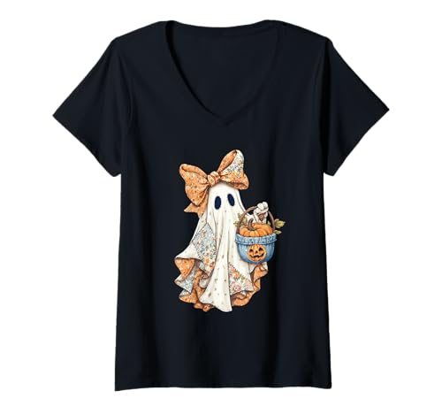 Damen Herbst Cottagecore Halloween Patchwork Print Ghost T-Shirt mit V-Ausschnitt Damen Herbst Cottagecore Halloween Patchwork Print Ghost T-Shirt mit V-Ausschnitt von Halloween Cottagecore Fashion