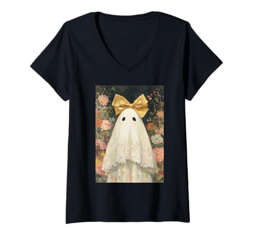 Damen Herbst Cottagecore Kokette Halloween Blumendruck Geist T-Shirt mit V-Ausschnitt von Halloween Cottagecore Fashion