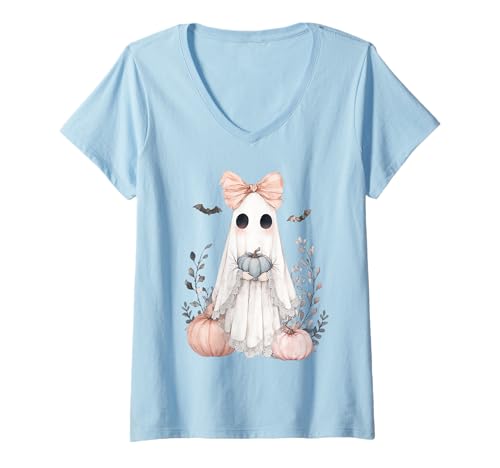 Damen Herbst Pastell Cottagecore Halloween Kokette Geist & Kürbisse T-Shirt mit V-Ausschnitt von Halloween Cottagecore Fashion