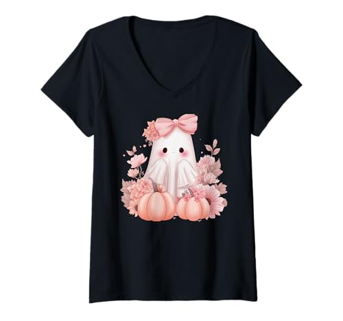 Damen Herbstrosa Cottagecore Halloween Blumendruck Geist T-Shirt mit V-Ausschnitt von Halloween Cottagecore Fashion