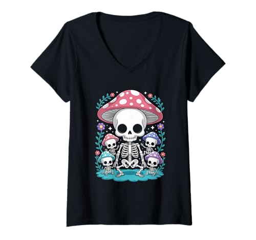 Damen Cartoon Kawaii Skelett Kopf Pilz Halloween Cottagecore T-Shirt mit V-Ausschnitt Damen Cartoon Kawaii Skelett Kopf Pilz Halloween Cottagecore T-Shirt mit V-Ausschnitt von Halloween Cottagecore Spooky Aesthetic