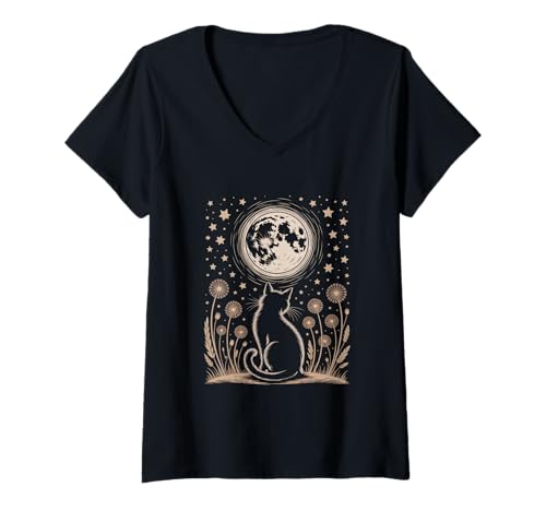 Damen Gruselige Katze Löwenzahn Halloween Cottagecore T-Shirt mit V-Ausschnitt Damen Gruselige Katze Löwenzahn Halloween Cottagecore T-Shirt mit V-Ausschnitt von Halloween Cottagecore Spooky Aesthetic