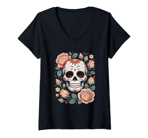 Damen Mexikanischer Skelettkopf Rose Flora Halloween Cottagecore T-Shirt mit V-Ausschnitt Damen Mexikanischer Skelettkopf Rose Flora Halloween Cottagecore T-Shirt mit V-Ausschnitt von Halloween Cottagecore Spooky Aesthetic