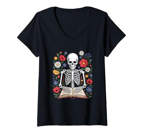 Damen Skelett Bücherwurm Floral Halloween Cottagecore T-Shirt mit V-Ausschnitt Damen Skelett Bücherwurm Floral Halloween Cottagecore T-Shirt mit V-Ausschnitt von Halloween Cottagecore Spooky Aesthetic