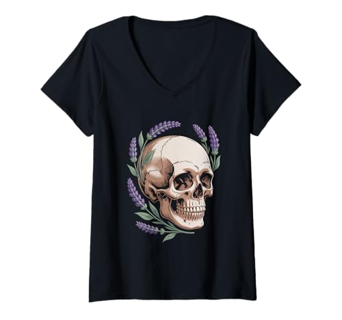 Damen Skelettkopf Lavendel Halloween Cottagecore T-Shirt mit V-Ausschnitt Damen Skelettkopf Lavendel Halloween Cottagecore T-Shirt mit V-Ausschnitt von Halloween Cottagecore Spooky Aesthetic