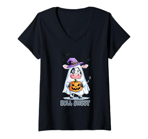 Damen Bullenblatt Geist Kuh Kostüm Halloween T-Shirt mit V-Ausschnitt Damen Bullenblatt Geist Kuh Kostüm Halloween T-Shirt mit V-Ausschnitt von Halloween Cow Costume Humor Witch
