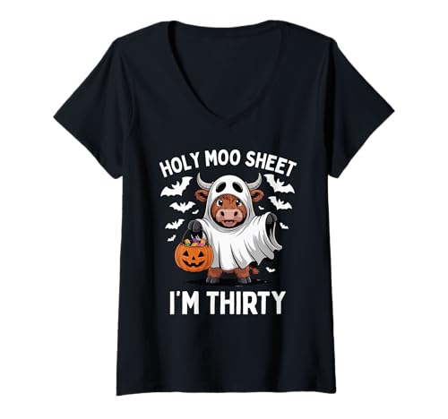 Damen Holy Moo Sheet I'm Thirty Halloween Cow Ghost T-Shirt mit V-Ausschnitt Damen Holy Moo Sheet I'm Thirty Halloween Cow Ghost T-Shirt mit V-Ausschnitt von Halloween Cow Ghost Thirty Birthday Pun