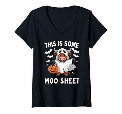 Damen This is Some Moo Sheet Lustiges Halloween-Kuh-Geist T-Shirt mit V-Ausschnitt Damen This is Some Moo Sheet Lustiges Halloween-Kuh-Geist T-Shirt mit V-Ausschnitt von Halloween Cow Pun Ghost Boo Trick Or Treat