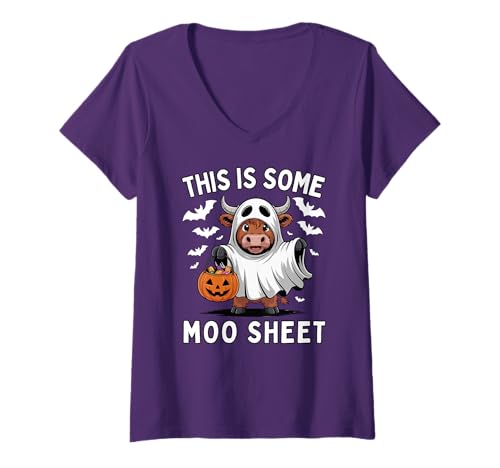 Damen Das ist EIN Moo Sheet Halloween-Wortspiel mit Kuh-Geistermotiv T-Shirt mit V-Ausschnitt Damen Das ist EIN Moo Sheet Halloween-Wortspiel mit Kuh-Geistermotiv T-Shirt mit V-Ausschnitt von Halloween Cow Pun Ghost Spooky Bat Pumpkin