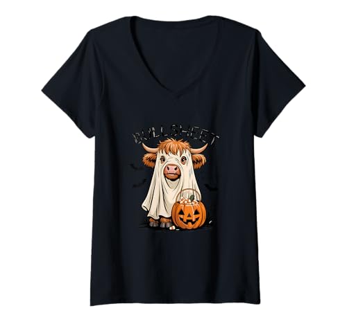 Damen Lustige Kuh - Halloween - Süßer Geist - Kürbis - Halloween Kuh T-Shirt mit V-Ausschnitt Damen Lustige Kuh - Halloween - Süßer Geist - Kürbis - Halloween Kuh T-Shirt mit V-Ausschnitt von Halloween Cow