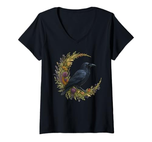 Damen Halloween-Krähenhemd Gothic Raven Floral Moon Spooky T-Shirt mit V-Ausschnitt Damen Halloween-Krähenhemd Gothic Raven Floral Moon Spooky T-Shirt mit V-Ausschnitt von Halloween Crow Tee Shirts for Gothic Aesthetic
