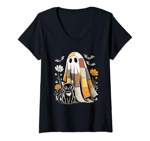 Damen Süßes gruseliges Halloween-Kostüm mit Patchwork-Blumenmuster und Ghost Boo T-Shirt mit V-Ausschnitt Damen Süßes gruseliges Halloween-Kostüm mit Patchwork-Blumenmuster und Ghost Boo T-Shirt mit V-Ausschnitt von Halloween Cute Boo Ghost Patchwork Family Kid