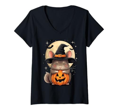 Damen Halloween Chinchilla Hexenhut Kürbis Gruselig T-Shirt mit V-Ausschnitt Damen Halloween Chinchilla Hexenhut Kürbis Gruselig T-Shirt mit V-Ausschnitt von Halloween Cute Chinchilla Bats Pumpkins Costumes