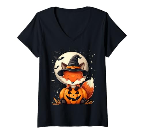 Damen Halloween Fuchs Hexenhut Kürbis Gruselig T-Shirt mit V-Ausschnitt Damen Halloween Fuchs Hexenhut Kürbis Gruselig T-Shirt mit V-Ausschnitt von Halloween Cute Fox Pumpkins Bats Costumes Tees