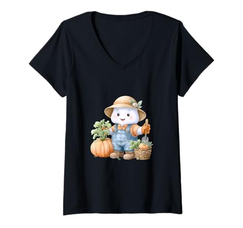 Damen Halloween Cute Ghost Gardening Plant Graphic Spooky Season T-Shirt mit V-Ausschnitt von Halloween Cute Ghost Gardening Plant Lady