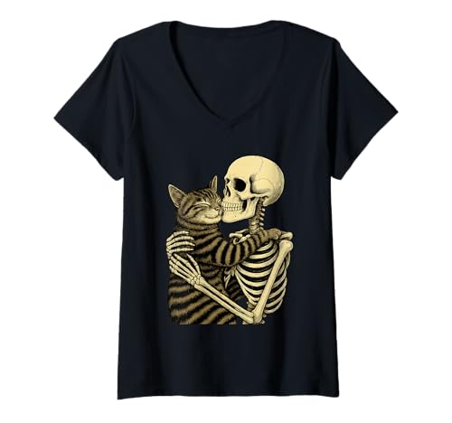 Damen Skelett umarmende Katze Lustiger Katzenliebhaber Niedliches Halloween-Kostüm T-Shirt mit V-Ausschnitt Damen Skelett umarmende Katze Lustiger Katzenliebhaber Niedliches Halloween-Kostüm T-Shirt mit V-Ausschnitt von Halloween Cute Goth Spooky Apparel For Cat Lovers