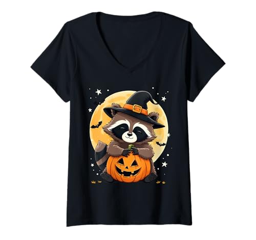 Damen Halloween Waschbär Hexenhut Kürbis Gruselig T-Shirt mit V-Ausschnitt Damen Halloween Waschbär Hexenhut Kürbis Gruselig T-Shirt mit V-Ausschnitt von Halloween Cute Raccoon Pumpkins Bats Costumes Tee
