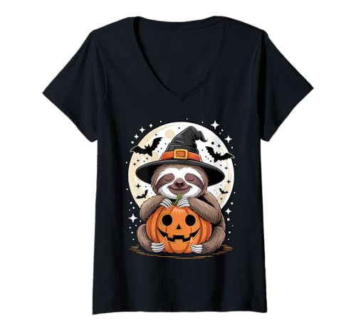 Damen Halloween Faultier Hexenhut Kürbis Gruselig T-Shirt mit V-Ausschnitt Damen Halloween Faultier Hexenhut Kürbis Gruselig T-Shirt mit V-Ausschnitt von Halloween Cute Sloth Pumpkins Sloths Costumes Tee