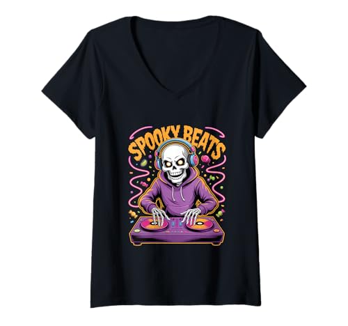 Damen Halloween Spooky Beats DJ Skelett Party Nacht T-Shirt mit V-Ausschnitt Damen Halloween Spooky Beats DJ Skelett Party Nacht T-Shirt mit V-Ausschnitt von Halloween DJ Skelett Party Musik Club Rave