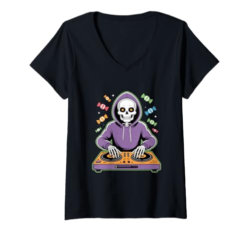 Damen Halloween DJ Skelett Mix Party Süßes Oder Saures T-Shirt mit V-Ausschnitt Damen Halloween DJ Skelett Mix Party Süßes Oder Saures T-Shirt mit V-Ausschnitt von Halloween DJ Skelett Party Musik Süßigkeiten