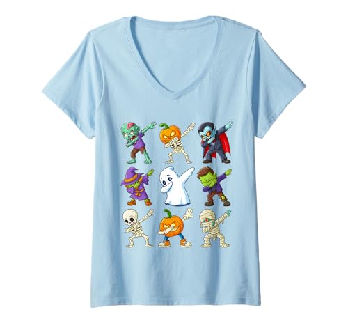 Damen Halloween Dab Tanz Zombies Skelette Hexe Geist T-Shirt mit V-Ausschnitt von Halloween Dab Tanz Monster Lustig Party Kinder