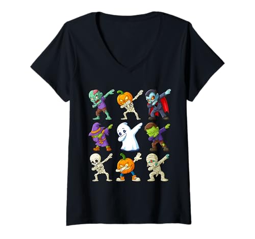 Damen Halloween Dab Tanz Zombies Skelette Hexe Geist T-Shirt mit V-Ausschnitt von Halloween Dab Tanz Monster Lustig Party Kinder