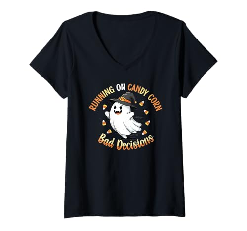 Damen Running on Candy Corn and Bad Decisions - Lustiger Geist Halloween T-Shirt mit V-Ausschnitt Damen Running on Candy Corn and Bad Decisions - Lustiger Geist Halloween T-Shirt mit V-Ausschnitt von Halloween Days Designers