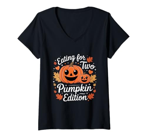 Damen Eating for Two Pumpkin Edition Süßes Halloween für die Herbstschwangerschaft T-Shirt mit V-Ausschnitt Damen Eating for Two Pumpkin Edition Süßes Halloween für die Herbstschwangerschaft T-Shirt mit V-Ausschnitt von Halloween Design for Soon to Be Mom