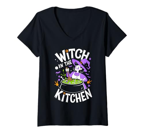 Damen Hexe in der Küche Halloween Shirt Lunch Lady T-Shirt mit V-Ausschnitt Damen Hexe in der Küche Halloween Shirt Lunch Lady T-Shirt mit V-Ausschnitt von Halloween Designs By ShirtZilla