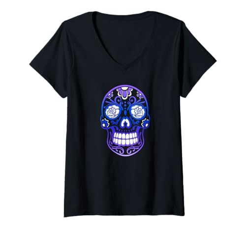 Damen Floraler Schädel Violett Sugar Skull Kunst Totenkopf Design T-Shirt mit V-Ausschnitt Damen Floraler Schädel Violett Sugar Skull Kunst Totenkopf Design T-Shirt mit V-Ausschnitt von Halloween Designs by Christine-Krahl