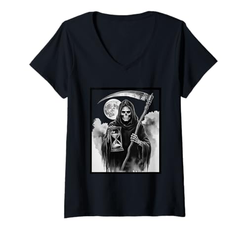 Damen Sensenmann T-Shirt mit V-Ausschnitt von Halloween Designs by Scarebaby Design