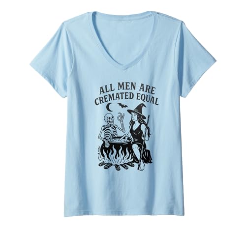 Damen All Men Are Cremated Equal T-Shirt mit Witch Cauldron-Grafik T-Shirt mit V-Ausschnitt Damen All Men Are Cremated Equal T-Shirt mit Witch Cauldron-Grafik T-Shirt mit V-Ausschnitt von Halloween Designs