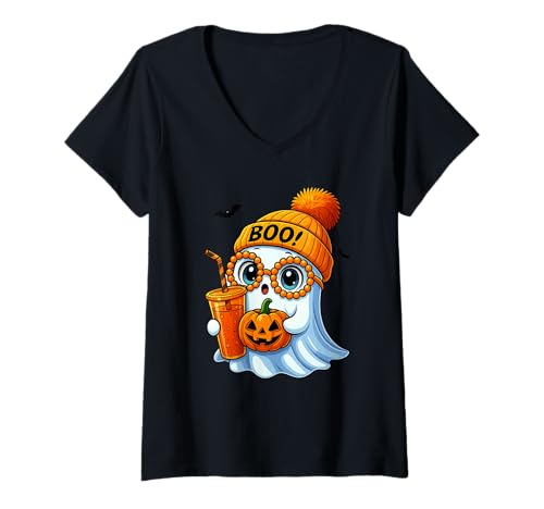Damen Süßer Halloween Geist mit Mütze Kürbis und Getränk - Boo T-Shirt mit V-Ausschnitt Damen Süßer Halloween Geist mit Mütze Kürbis und Getränk - Boo T-Shirt mit V-Ausschnitt von Halloween Designs