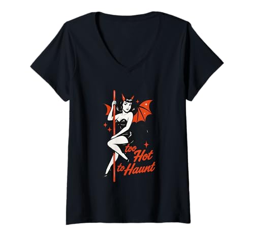 Damen Zu heiß, um Halloween-Spaß zu verfolgen T-Shirt mit V-Ausschnitt von Halloween Devil Costume Retro Vibes