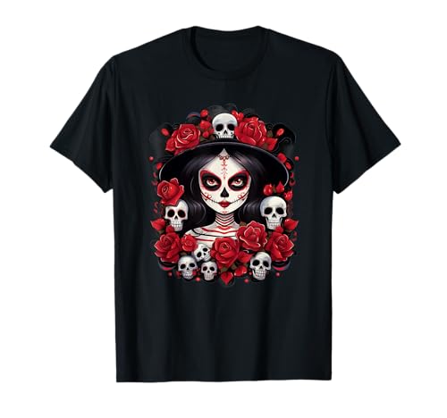 La Catrina Tag der Toten Sugar Skull Anime Kawaii Frauen T-Shirt von Halloween Dia Muertos Men Womens Boys Girls Tees