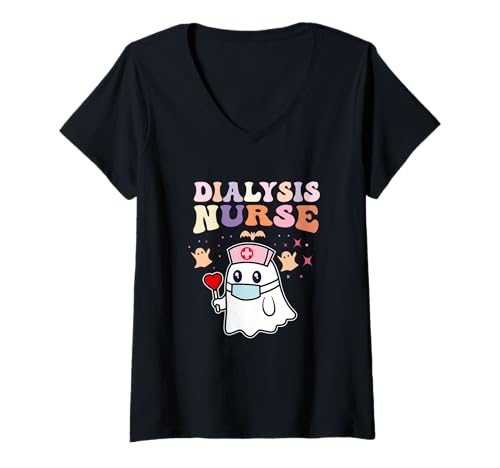Damen Dialyse Krankenschwester Halloween Nephrologie Stilltag & Krankenschwester Woche T-Shirt mit V-Ausschnitt von Halloween Dialysis Nurse Appreciation Apparel