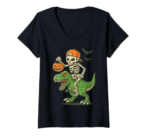 Damen Skelettreitender Dinosaurier Halloween T Rex T-Shirt mit V-Ausschnitt Damen Skelettreitender Dinosaurier Halloween T Rex T-Shirt mit V-Ausschnitt von Halloween Dinosaurier Skelett Gruselig T rex Süß