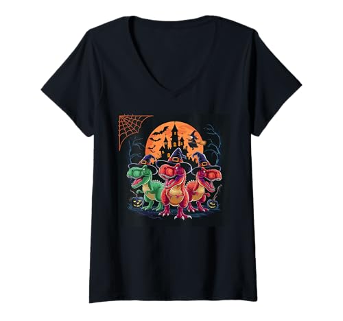 Damen Halloween Gruselige Bunte Dinosaurier Hexenhut Kürbis Gruselig T-Shirt mit V-Ausschnitt Damen Halloween Gruselige Bunte Dinosaurier Hexenhut Kürbis Gruselig T-Shirt mit V-Ausschnitt von Halloween Dinosaurs